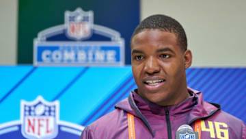 INDIANAPOLIS, IN - MARCH 03: Mississippi defensive lineman Breeland Speaks answers questions from the media during the NFL Scouting Combine on March 03, 2018 at Lucas Oil Stadium in Indianapolis, IN. (Photo by Robin Alam/Icon Sportswire via Getty Images)