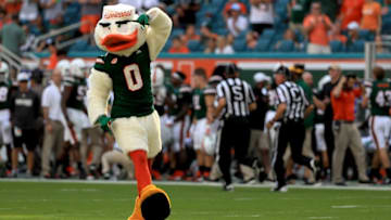 MIAMI GARDENS, FL - NOVEMBER 18: Miami Hurricanes mascot Sebastian celebrates during a game against the Virginia Cavaliers at Hard Rock Stadium on November 18, 2017 in Miami Gardens, Florida. (Photo by Mike Ehrmann/Getty Images)