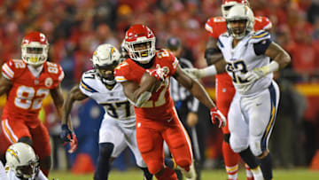 KANSAS CITY, MO - DECEMBER 16: Running back Kareem Hunt #27 of the Kansas City Chiefs runs up field against the Los Angeles Chargers during the second half at Arrowhead Stadium on December 16, 2017 in Kansas City, Missouri. (Photo by Peter G. Aiken/Getty Images)