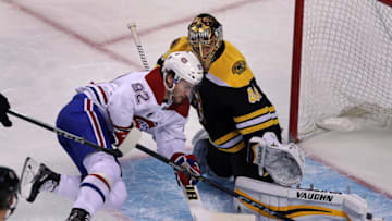 BOSTON - JANUARY 17: Montreal Canadiens' Jonathan Drouin tries to slip the puck past Bruins goalie Tuukka Rask during the second period. The Boston Bruins host the Montreal Canadiens in a regular season NHL hockey game at TD Garden in Boston on Jan. 17, 2018. (Photo by Jim Davis/The Boston Globe via Getty Images)