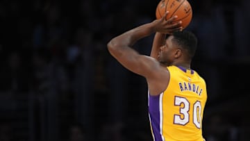 January 26, 2016; Los Angeles, CA, USA; Los Angeles Lakers forward Julius Randle (30) shoots against Dallas Mavericks during the first half at Staples Center. Mandatory Credit: Gary A. Vasquez-USA TODAY Sports
