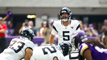 MINNEAPOLIS, MN - AUGUST 18: Jacksonville Jaguars quarterback Blake Bortles (5) calls an audible at the line during the preseason game between the Jacksonville Jaguars and the Minnesota Vikings on August 18, 2018 at U.S. Bank Stadium in Minneapolis, Minnesota. (Photo by David Berding/Icon Sportswire via Getty Images)