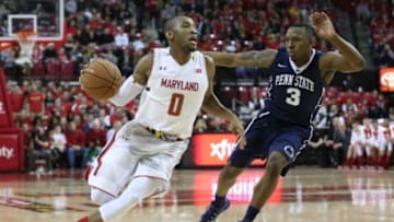 Dec 30, 2015; College Park, MD, USA; Maryland Terrapins guard Rasheed Sulaimon (0) moves the ball against Penn State Nittany Lions guard Devin Foster (3) at Xfinity Center. Mandatory Credit: Mitch Stringer-USA TODAY Sports