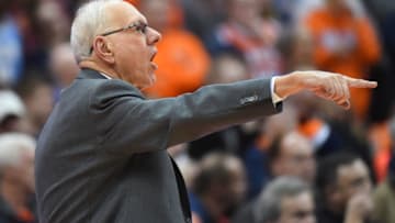 SYRACUSE, NY - JANUARY 07: Head coach Jim Boeheim of the Syracuse Orange reacts to a play against the Virginia Tech Hokies during the second half at the Carrier Dome on January 7, 2020 in Syracuse, New York. Virginia Tech defeated Syracuse 67-63. (Photo by Rich Barnes/Getty Images)