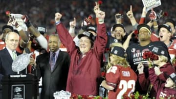 Jan 6, 2014; Pasadena, CA, USA; Florida State Seminoles head coach Jimbo Fisher (middle) celebrates after the 2014 BCS National Championship game against the Auburn Tigers at the Rose Bowl. Mandatory Credit: Kirby Lee-USA TODAY Sports