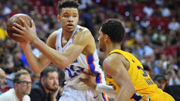LAS VEGAS, NV - JULY 10: Kevin Knox #20 of the New York Knicks looks to drive against Josh Hart #5 of the Los Angeles Lakers during the 2018 NBA Summer League at the Thomas & Mack Center on July 10, 2018 in Las Vegas, Nevada. The Lakers defeated the Knicks 109-92. (Photo by Sam Wasson/Getty Images)