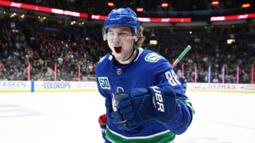 VANCOUVER, BC - NOVEMBER 12: Adam Gaudette #88 of the Vancouver Canucks celebrates after scoring during their NHL game against the Nashville Predators at Rogers Arena November 12, 2019 in Vancouver, British Columbia, Canada. (Photo by Jeff Vinnick/NHLI via Getty Images)