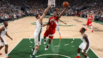 MILWAUKEE, WI - MAY 23: Kawhi Leonard #2 of the Toronto Raptors goes to the basket against the Milwaukee Bucks during Game Five of the Eastern Conference Finals on May 23, 2019 at the Fiserv Forum in Milwaukee, Wisconsin. NOTE TO USER: User expressly acknowledges and agrees that, by downloading and/or using this photograph, user is consenting to the terms and conditions of the Getty Images License Agreement. Mandatory Copyright Notice: Copyright 2019 NBAE (Photo by Gary Dineen/NBAE via Getty Images)