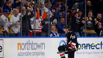 Mar 4, 2023; Buffalo, New York, USA; Buffalo Sabres center Tage Thompson (72) reacts after scoring a goal during the first period against the Tampa Bay Lightning at KeyBank Center. Mandatory Credit: Timothy T. Ludwig-USA TODAY Sports