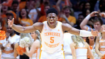 KNOXVILLE, TENNESSEE - MARCH 02: Admiral Schofield #5 of the Tennessee Volunteers celebrates in the game against the Kentucky Wildcats at Thompson-Boling Arena on March 02, 2019 in Knoxville, Tennessee. (Photo by Andy Lyons/Getty Images)