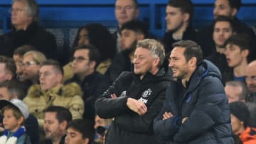 Manchester United's Norwegian manager Ole Gunnar Solskjaer (L) and Chelsea's English head coach Frank Lampard gesture during the English League Cup fourth round football match between Chelsea and Manchester United at Stamford Bridge in London on October 30, 2019. (Photo by Glyn KIRK / AFP) / RESTRICTED TO EDITORIAL USE. No use with unauthorized audio, video, data, fixture lists, club/league logos or 'live' services. Online in-match use limited to 75 images, no video emulation. No use in betting, games or single club/league/player publications. / (Photo by GLYN KIRK/AFP via Getty Images)