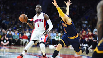 Apr 22, 2016; Auburn Hills, MI, USA; Detroit Pistons guard Reggie Jackson (1) passes as Cleveland Cavaliers guard Matthew Dellavedova (8) defends during the second quarter in game three of the first round of the NBA Playoffs at The Palace of Auburn Hills. Mandatory Credit: Tim Fuller-USA TODAY Sports