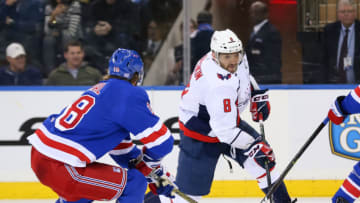 NEW YORK, NY - NOVEMBER 24: New York Rangers Defenceman Marc Staal (18) blocks a shot by Washington Capitals Left Wing Alex Ovechkin (8) during the National Hockey League game between the Washington Capitals and the New York Rangers on November 24, 2018 at Madison Square Garden in New York, NY. (Photo by Joshua Sarner/Icon Sportswire via Getty Images)