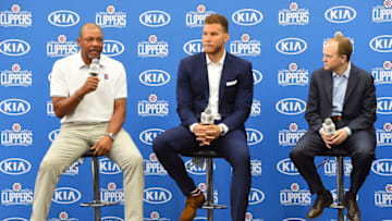 PLAYA VISTA, CA - JULY 18: Doc Rivers and Lawrence Frank of the LA Clippers hold a press conference to announce the re-signing of Blake Griffin in Playa Vista, California on July 18, 2017 at Clippers Training Facility. NOTE TO USER: User expressly acknowledges and agrees that, by downloading and or using this photograph, User is consenting to the terms and conditions of the Getty Images License Agreement. Mandatory Copyright Notice: Copyright 2017 NBAE (Photo by Andrew D. Bernstein/NBAE via Getty Images)