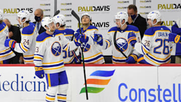 Jan 18, 2021; Philadelphia, Pennsylvania, USA; Buffalo Sabres center Sam Reinhart (23) celebrates his goal with teammates against the Philadelphia Flyers during the second period at Wells Fargo Center. Mandatory Credit: Eric Hartline-USA TODAY Sports