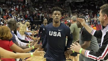 Aug 1, 2016; Houston, TX, USA; United States guard Jimmy Butler (4) runs out onto the court before playing against Nigeria during an exhibition basketball game at Toyota Center. United States won 110 to 66. Mandatory Credit: Thomas B. Shea-USA TODAY Sports