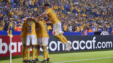 MONTERREY, MEXICO - APRIL 03: Enner Valencia of Tigres celebrates with teammates after scoring his team's second goal during the semifinal match between Tigres UANL and Santos Laguna as part of the CONCACAF Champions League 2019 at Universitario Stadium on April 03, 2019 in Monterrey, Mexico. (Photo by Azael Rodriguez/Getty Images)