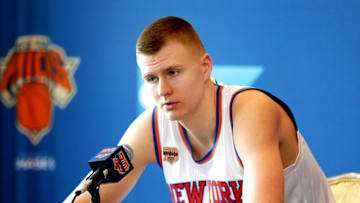 Sep 26, 2016; White Plains, NY, USA; New York Knicks power forward Kristaps Porzingis addresses the media during the New York Knicks Media Day at Ritz-Carlton. Mandatory Credit: Andy Marlin-USA TODAY Sports