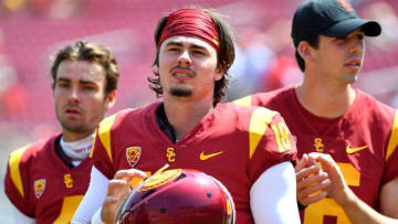 LOS ANGELES, CA - SEPTEMBER 01: Quarterback Jt Daniels #18 of the USC Trojans warms up for the game against the UNLV Rebels at the Los Angeles Memorial Coliseum on September 1, 2018 in Los Angeles, California. (Photo by Jayne Kamin-Oncea/Getty Images)