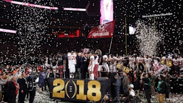 ATLANTA, GA - JANUARY 08: The Alabama Crimson Tide celebrates beating the Georgia Bulldogs in overtime and winning the CFP National Championship presented by AT&T at Mercedes-Benz Stadium on January 8, 2018 in Atlanta, Georgia. Alabama won 26-23. (Photo by Christian Petersen/Getty Images)