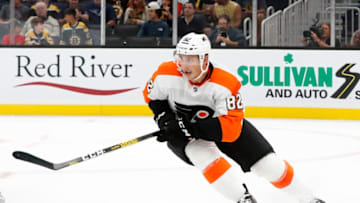 BOSTON, MA - SEPTEMBER 23: Philadelphia Flyers center Connor Bunnaman (82) forechecks during a preseason game between the Boston Bruins and the Philadelphia Flyers on September 23, 2019, at TD Garden in Boston, Massachusetts. (Photo by Fred Kfoury III/Icon Sportswire via Getty Images)