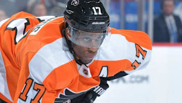 PHILADELPHIA, PENNSYLVANIA - JANUARY 14: Wayne Simmonds #17 of the Philadelphia Flyers looks on against the Minnesota Wild at Wells Fargo Center on January 14, 2019 in Philadelphia, Pennsylvania. (Photo by Drew Hallowell/Getty Images)