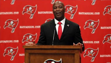 Jan 6, 2014; Tampa, FL, USA; Tampa Bay Buccaneers head coach Lovie Smith is introduced as head coach during a press conference at One Buccaneer Place. Mandatory Credit: Kim Klement-USA TODAY Sports