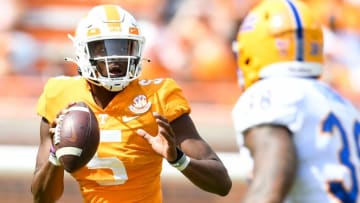 Tennessee quarterback Hendon Hooker (5) looks to pass during a game against Pittsburgh at Neyland Stadium in Knoxville, Tenn. on Saturday, Sept. 11, 2021.Kns Tennessee Pittsburgh Football