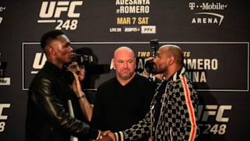 UFC 248 Media day face-offs - Israel Adesanya vs. Yoel Romero (photo by Amy Kaplan/FanSided)
