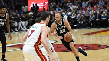 MIAMI, FL - OCTOBER 25: Manu Ginobili #20 of the San Antonio Spurs in action during a NBA game against the Miami Heat at American Airlines Arena on October 25, 2017 in Miami, Florida. NOTE TO USER: User expressly acknowledges and agrees that, by downloading and or using this photograph, User is consenting to the terms and conditions of the Getty Images License Agreement. (Photo by Ron Elkman/Sports Imagery/Getty Images)