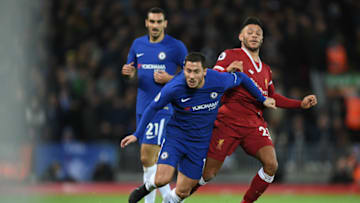 LIVERPOOL, ENGLAND - NOVEMBER 25: Eden Hazard of Chelsea and Alex Oxlade-Chamberlain of Liverpool battle for possession during the Premier League match between Liverpool and Chelsea at Anfield on November 25, 2017 in Liverpool, England. (Photo by Darren Walsh/Chelsea FC via Getty Images)