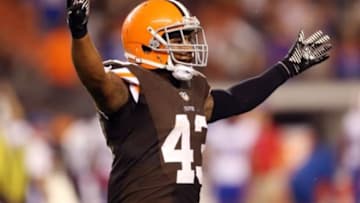 Oct 3, 2013; Cleveland, OH, USA; Cleveland Browns strong safety T.J. Ward (43) celebrates after beating the Buffalo Bills 37-24 at FirstEnergy Stadium. Mandatory Credit: Ron Schwane-USA TODAY Sports