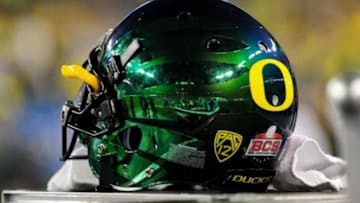 Jan. 3, 2013; Glendale, AZ, USA; Detail view of the Oregon Ducks helmet during the second half against the Kansas State Wildcats during the Fiesta Bowl at University of Phoenix Stadium. The Ducks beats the Wildcats 35-17. Mandatory Credit: Matt Kartozian-USA TODAY Sports