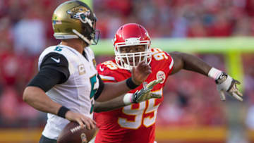KANSAS CITY, MO - NOVEMBER 06: Kansas City Chiefs defensive end Chris Jones (95) trying to sack Jacksonville Jaguars quarterback Blake Bortles (5) during the NFL game between the Jacksonville Jaguars and the Kansas City Chiefs on November 6th, 2016 at Arrowhead Stadium in Kansas City, Missouri. (Photo by William Purnell/Icon Sportswire via Getty Images)