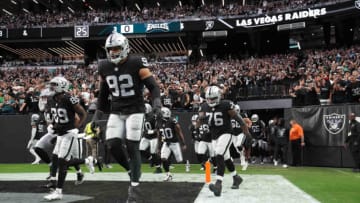 A general overall view as Las Vegas Raiders wide receiver Bryan Edwards (89), defensive end Solomon Thomas (92) and guard John Simpson (76) enter the field before the game against the Philadelphia Eagles at Allegiant Stadium. The Raiders defeated the Eagles 33-22. Mandatory Credit: Kirby Lee-USA TODAY Sports