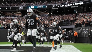 A general overall view as Las Vegas Raiders wide receiver Bryan Edwards (89), defensive end Solomon Thomas (92) and guard John Simpson (76) enter the field before the game against the Philadelphia Eagles at Allegiant Stadium. The Raiders defeated the Eagles 33-22. Mandatory Credit: Kirby Lee-USA TODAY Sports