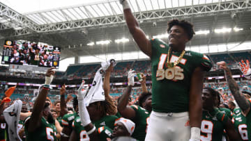 MIAMI, FLORIDA - SEPTEMBER 21: Gregory Rousseau #15 of the Miami Hurricanes celebrates with the "Turnover Chain" after a sack and fumble recovery in the first half against the Central Michigan Chippewas at Hard Rock Stadium on September 21, 2019 in Miami, Florida. (Photo by Mark Brown/Getty Images)