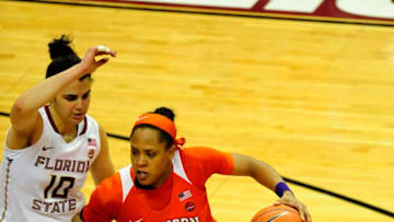 TALLAHASSEE, FL - FEBRUARY 18: Nelly Perry (0) Clemson Tigers works against Leticia Romero (10) guard Florida State University (FSU) Seminoles in an Atlantic Coast Conference (ACC) game at Donald L. Tucker Civic Center in Tallahassee, Florida. FSU wins 47-80.(Photo by David Allio/Icon Sportswire via Getty Images)