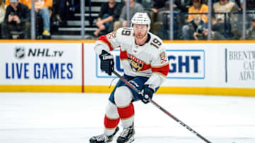 NASHVILLE, TN - OCTOBER 19: Mike Matheson #19 of the Florida Panthers skates against the Nashville Predators at Bridgestone Arena on October 19, 2019 in Nashville, Tennessee. (Photo by John Russell/NHLI via Getty Images)