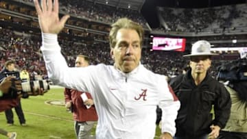 Nov 7, 2015; Tuscaloosa, AL, USA; Alabama Crimson Tide head coach Nick Saban walks off the field after the game against the LSU Tigers at Bryant-Denny Stadium. Alabama won 30-16. Mandatory Credit: John David Mercer-USA TODAY Sports