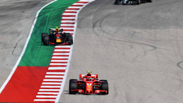 AUSTIN, TX - OCTOBER 21: Kimi Raikkonen of Finland driving the (7) Scuderia Ferrari SF71H leads Max Verstappen of the Netherlands driving the (33) Aston Martin Red Bull Racing RB14 TAG Heuer and Lewis Hamilton of Great Britain driving the (44) Mercedes AMG Petronas F1 Team Mercedes WO9 on track during the United States Formula One Grand Prix at Circuit of The Americas on October 21, 2018 in Austin, United States. (Photo by Clive Mason/Getty Images)