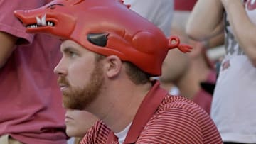 Sep 17, 2016; Fayetteville, AR, USA; An Arkansas Razorbacks fan shows his support with a hog shaped hat during the first half against the Texas State Bobcats at Donald W. Reynolds Razorback Stadium. Arkansas won 42-3. Mandatory Credit: Denny Medley-USA TODAY Sports