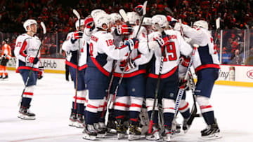 PHILADELPHIA, PA - NOVEMBER 13: The Washington Capitals celebrate after their shootout win against the Philadelphia Flyers at Wells Fargo Center on November 13, 2019 in Philadelphia, Pennsylvania. The Capitals defeated the Flyers 2-1 in a shootout. (Photo by Mitchell Leff/Getty Images)