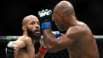 KANSAS CITY, MO - APRIL 15: Demetrious Johnson (l) battles Wilson Reis (r) during their Flyweight Championship bout on UFC Fight Night at the Sprint Center on April 15, 2017 in Kansas City, Missouri. (Photo by Jamie Squire/Getty Images)