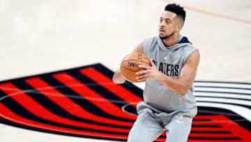 May 27, 2021; Portland, Oregon, USA; Portland Trail Blazers shooting guard CJ McCollum (3) warms up before game three in the first round of the 2021 NBA Playoffs against the Denver Nuggets at Moda Center. Mandatory Credit: Soobum Im-USA TODAY Sports