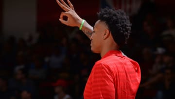 LAS VEGAS, NV - JULY 10: John Collins #20 of the Atlanta Hawks reacts during the game against the Chicago Bulls during the 2018 Las Vegas Summer League on July 10, 2018 at the Cox Pavilion in Las Vegas, Nevada. NOTE TO USER: User expressly acknowledges and agrees that, by downloading and/or using this Photograph, user is consenting to the terms and conditions of the Getty Images License Agreement. Mandatory Copyright Notice: Copyright 2018 NBAE (Photo by Bart Young/NBAE via Getty Images)