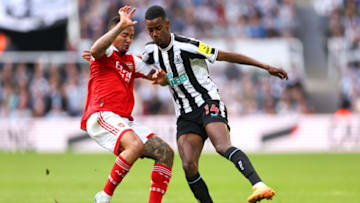 NEWCASTLE, ENGLAND - MAY 7: Gabriel Jesus of Arsenal and Alexander Isak of Newcastle United during the Premier League match between Newcastle United and Arsenal FC at St. James Park on May 7, 2023 in Newcastle upon Tyne, United Kingdom.