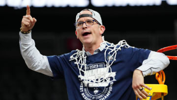 Connecticut Huskies head coach Dan Hurley reacts after cutting down the net following a victory against the Gonzaga Bulldogs in the NCAA tournament West Regional final at T-Mobile Arena. Mandatory Credit: Stephen R. Sylvanie-USA TODAY Sports