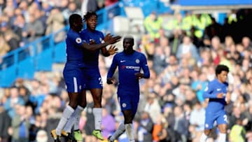 LONDON, ENGLAND - OCTOBER 21: Michy Batshuayi of Chelsea celebrates scoring the 2nd Chelsea goal with Antonio Rudiger of Chelsea and Tiemoue Bakayoko of Chelsea during the Premier League match between Chelsea and Watford at Stamford Bridge on October 21, 2017 in London, England. (Photo by Richard Heathcote/Getty Images)