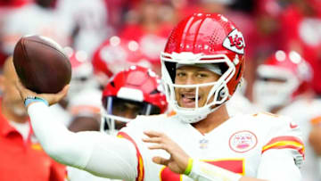 Sep 11, 2022; Glendale, Arizona, USA; Kansas City Chiefs quarterback Patrick Mahomes (15) during the pregame warm-up before facing the Arizona Cardinals in the season opener at State Farm Stadium. Mandatory Credit: Rob Schumacher-Arizona RepublicNfl Kansas City Chiefs At Arizona Cardinals
